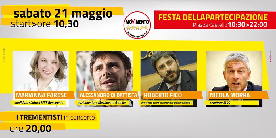 Sabato ospiti di rilievo alla ‘Festa della Partecipazione’ del M5S