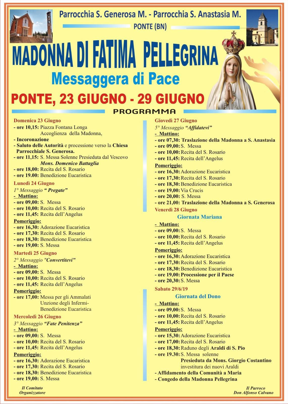 Ponte, arriva domani in elicottero la Madonna di Fatima