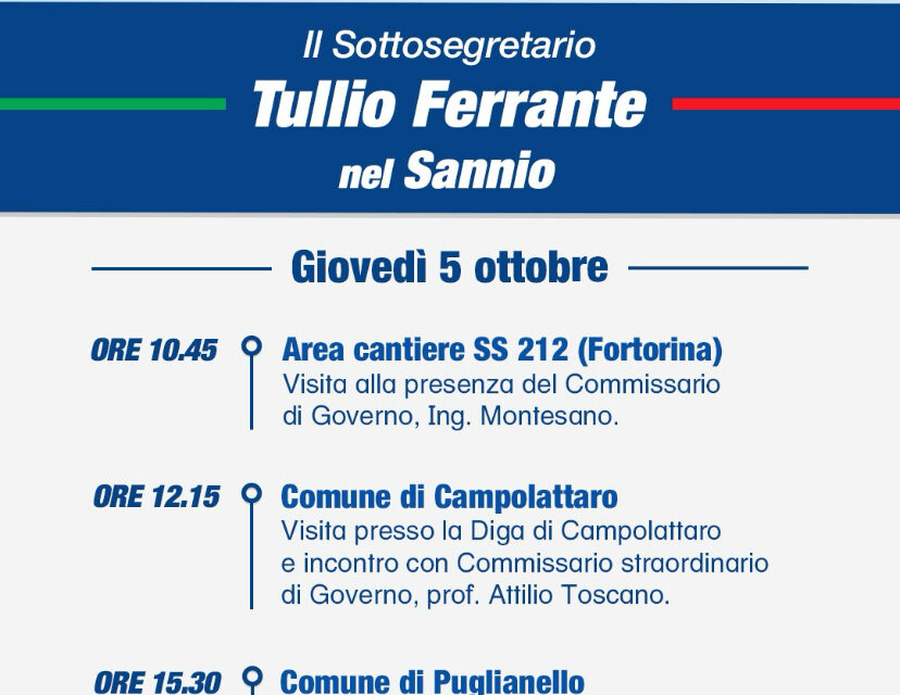 Il sottosegretario Ferrante nel Sannio. Rubano (Forza Italia): “Incontro con Commissari di Governo per punto su Fortorina, Telesina e Diga di Campolattaro”