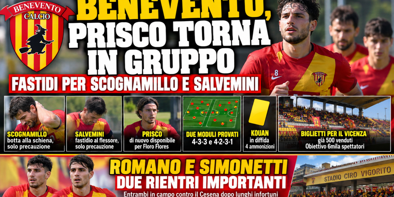 Benevento, Prisco torna in gruppo: fastidi per Scognamillo e Salvemini