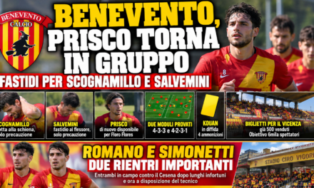 Benevento, Prisco torna in gruppo: fastidi per Scognamillo e Salvemini