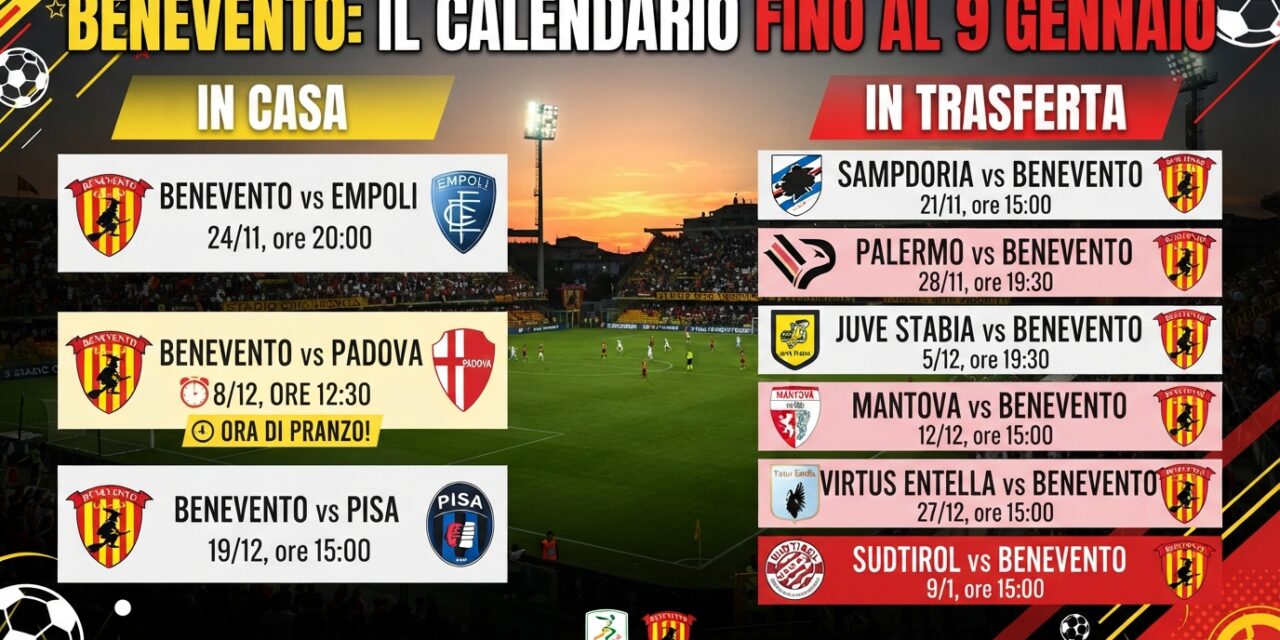 Benevento, l’8 dicembre si gioca all’ora di pranzo: ecco il calendario fino al 9 gennaio