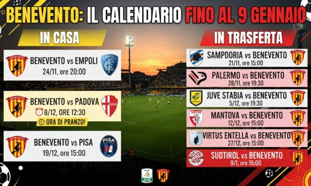 Benevento, l’8 dicembre si gioca all’ora di pranzo: ecco il calendario fino al 9 gennaio